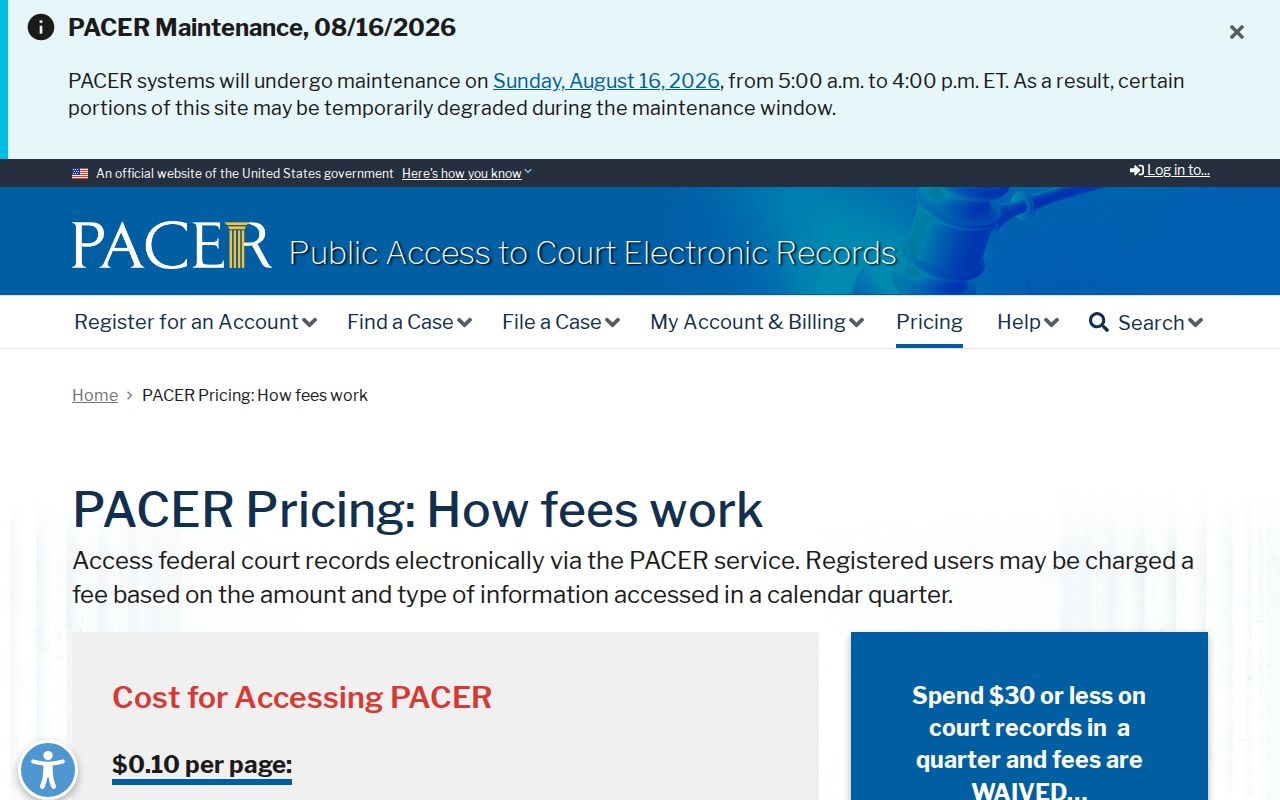 Federal PACER pricing distinguished from Blanca court records