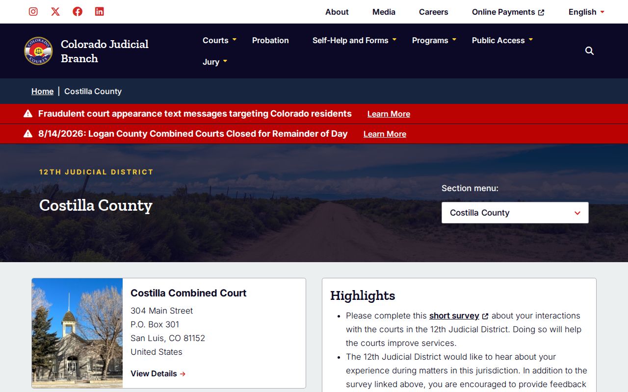 Costilla County court docket landing page
