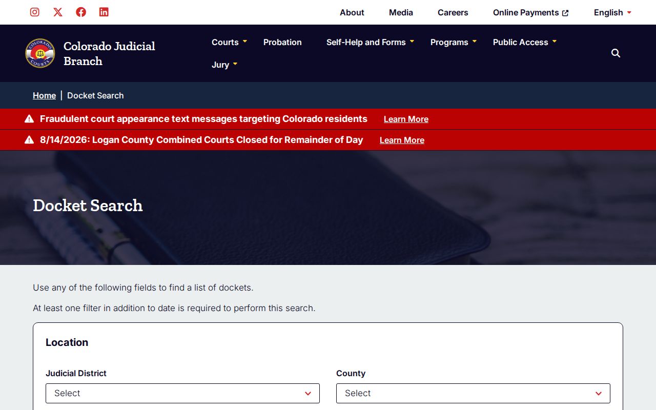Costilla County court calendar search filters on the Colorado Judicial Docket Search