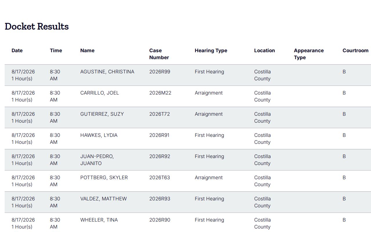 Printable Costilla County court schedule with hearing result columns
