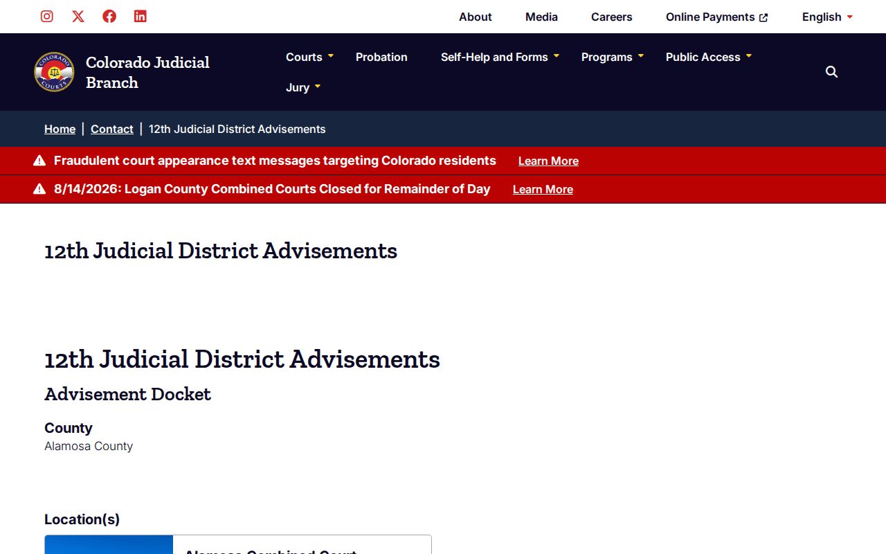 Costilla County criminal court docket advisement resource