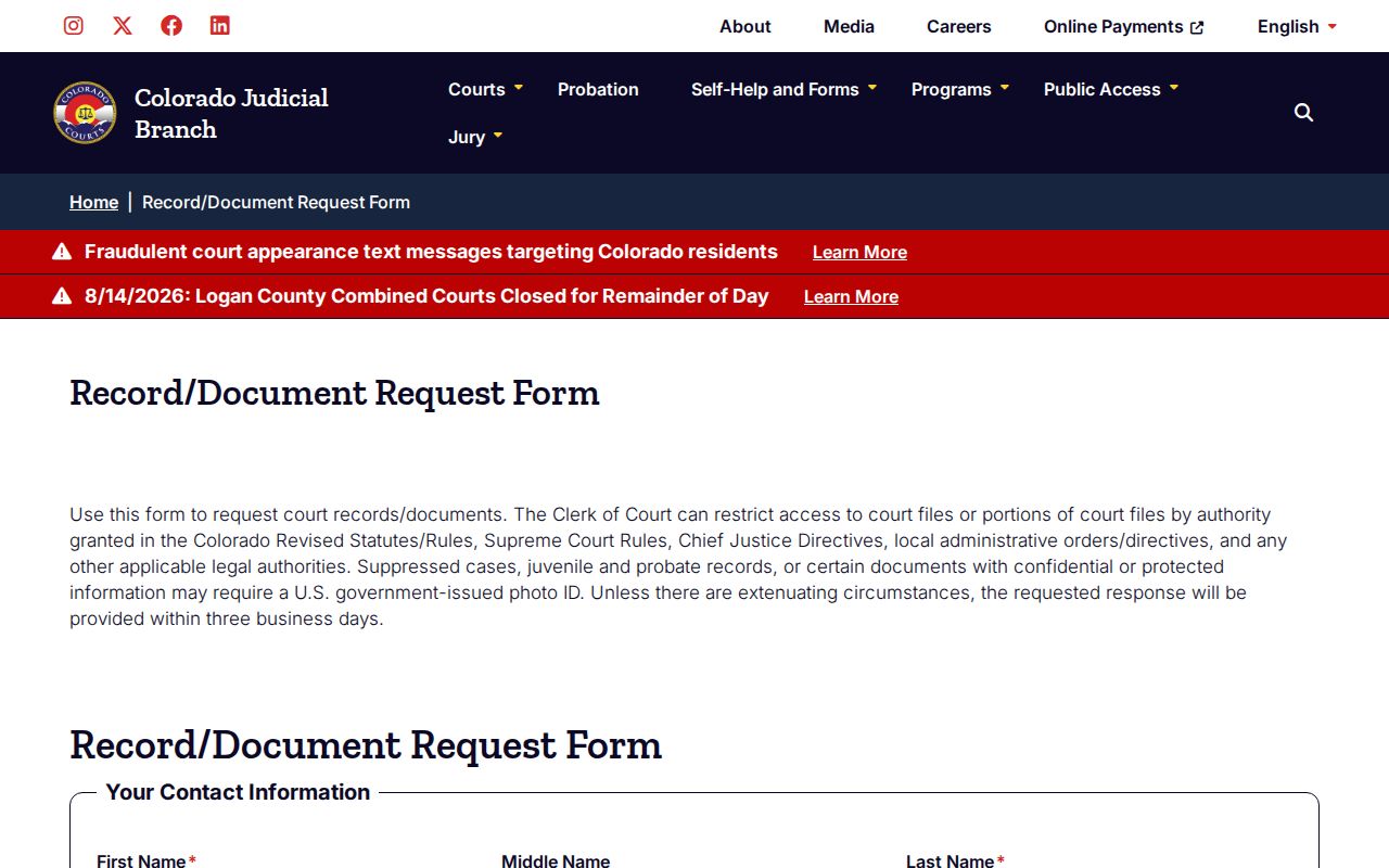 Costilla County court case records English request form