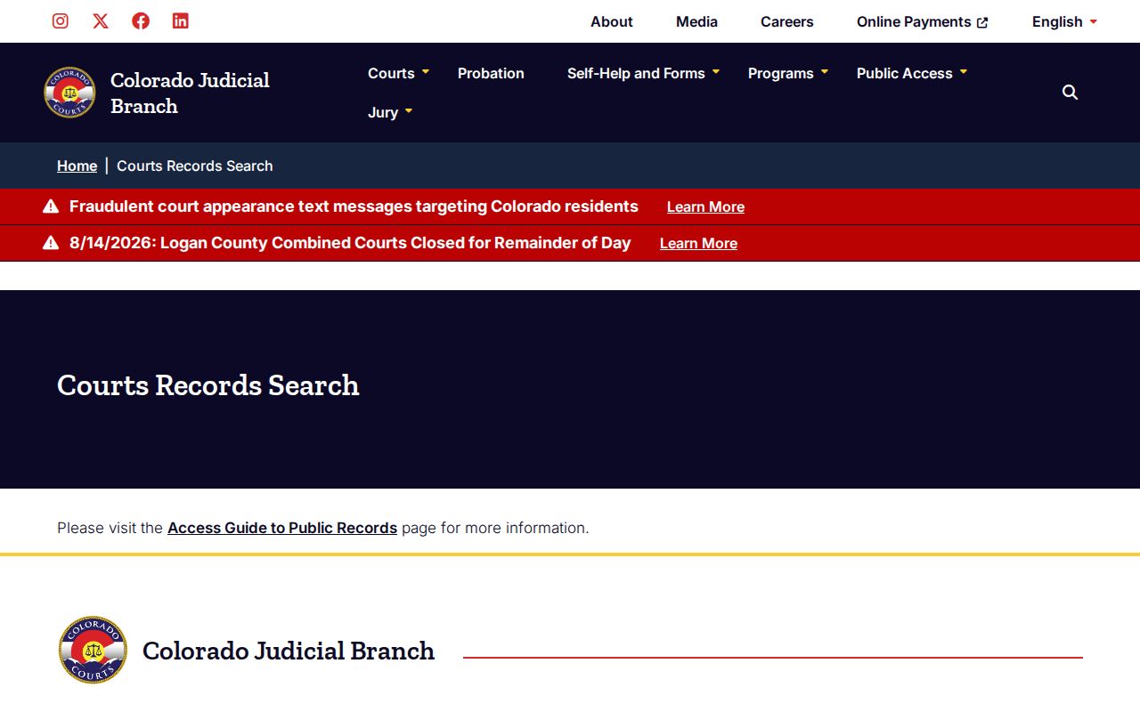 Costilla County docket search access through the Colorado court records gateway