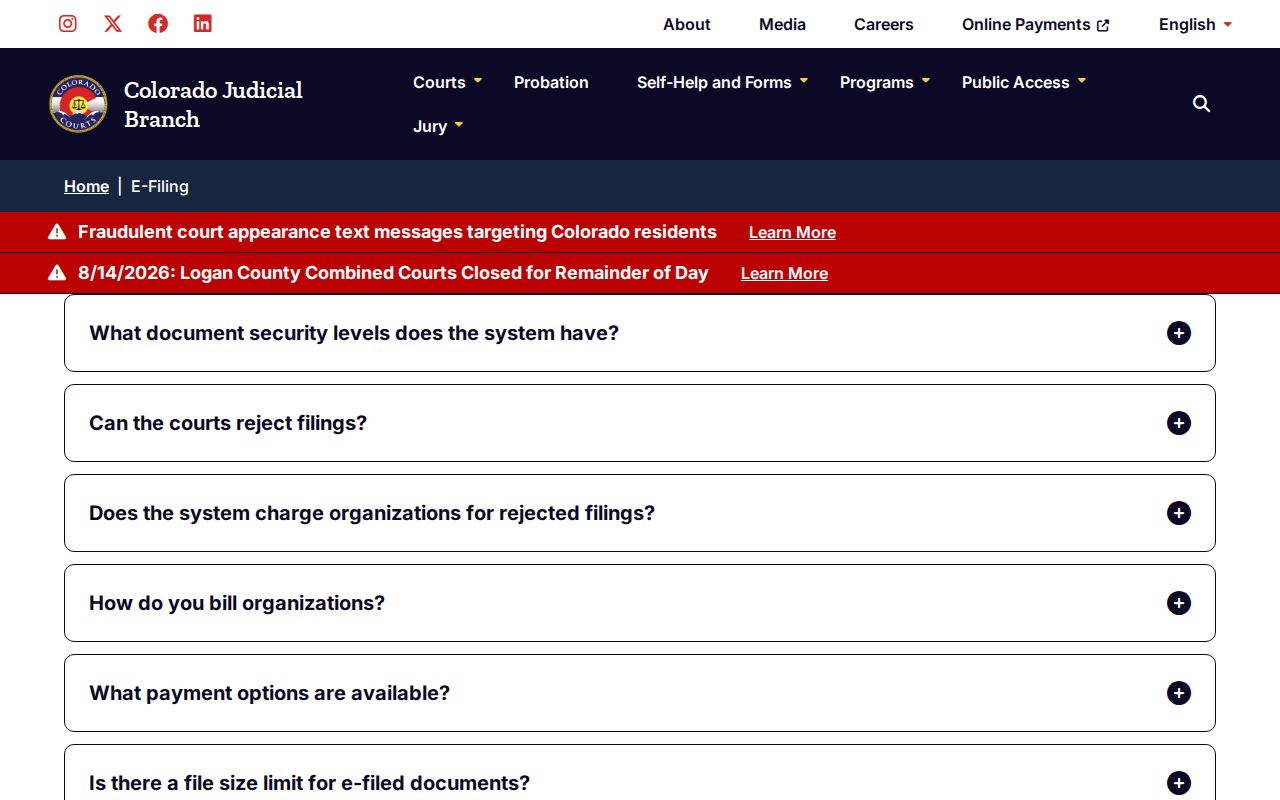 Costilla County case search security levels in the Colorado e-filing explanation
